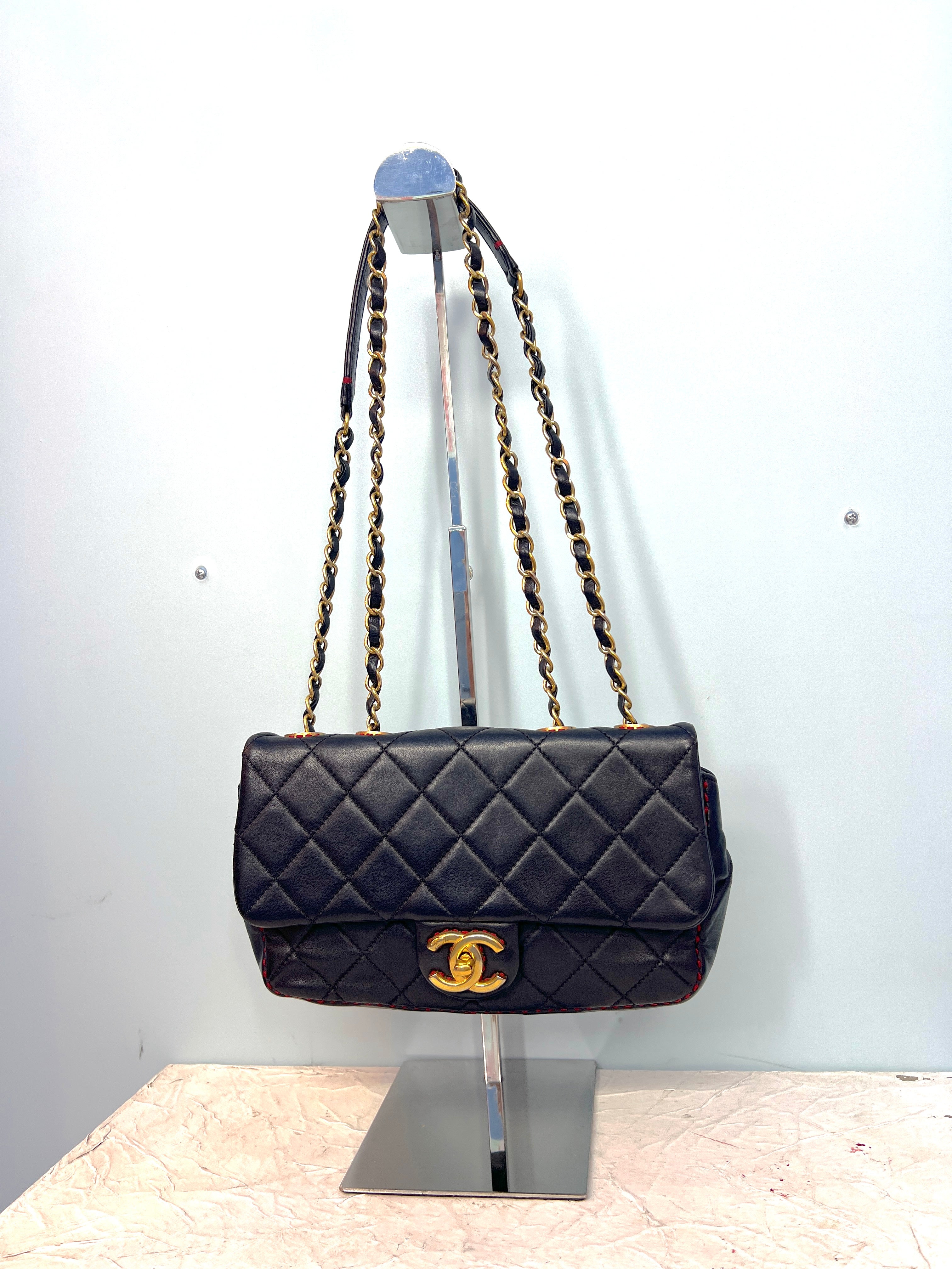 Chanel Black Lambskin Red Stitching Single Flap Double Chain Bag
