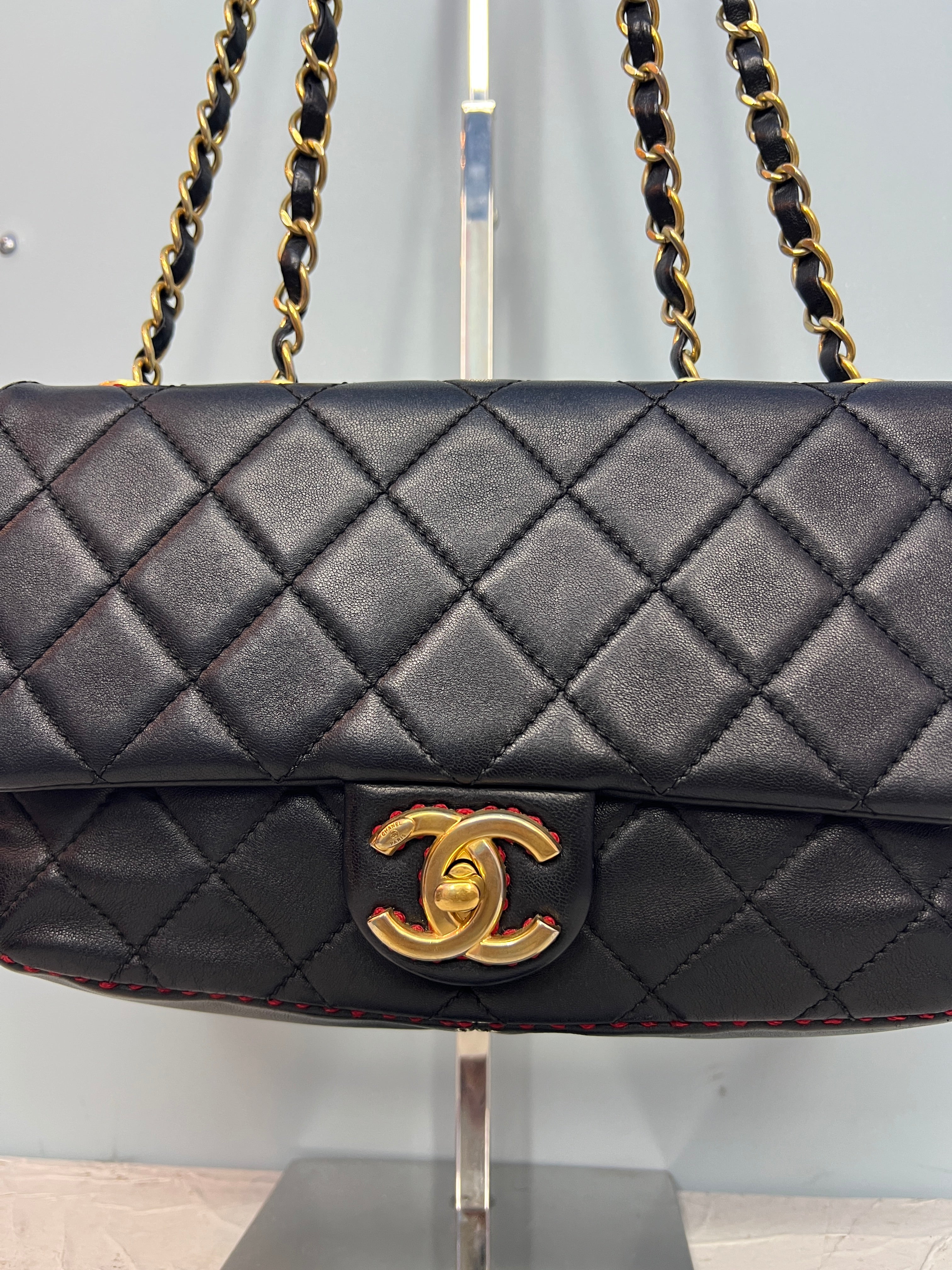 Chanel Black Lambskin Red Stitching Single Flap Double Chain Bag