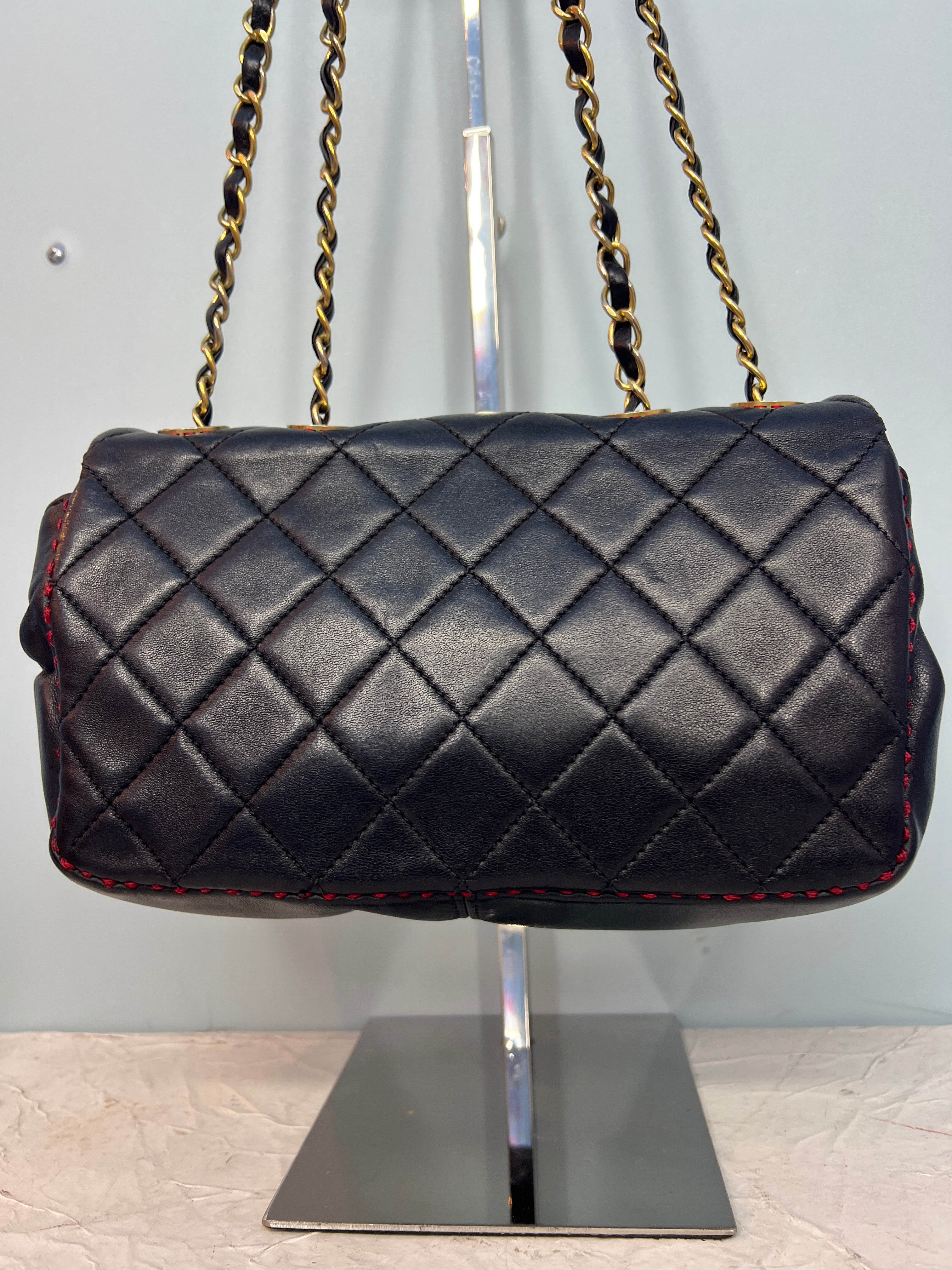 Chanel Black Lambskin Red Stitching Single Flap Double Chain Bag