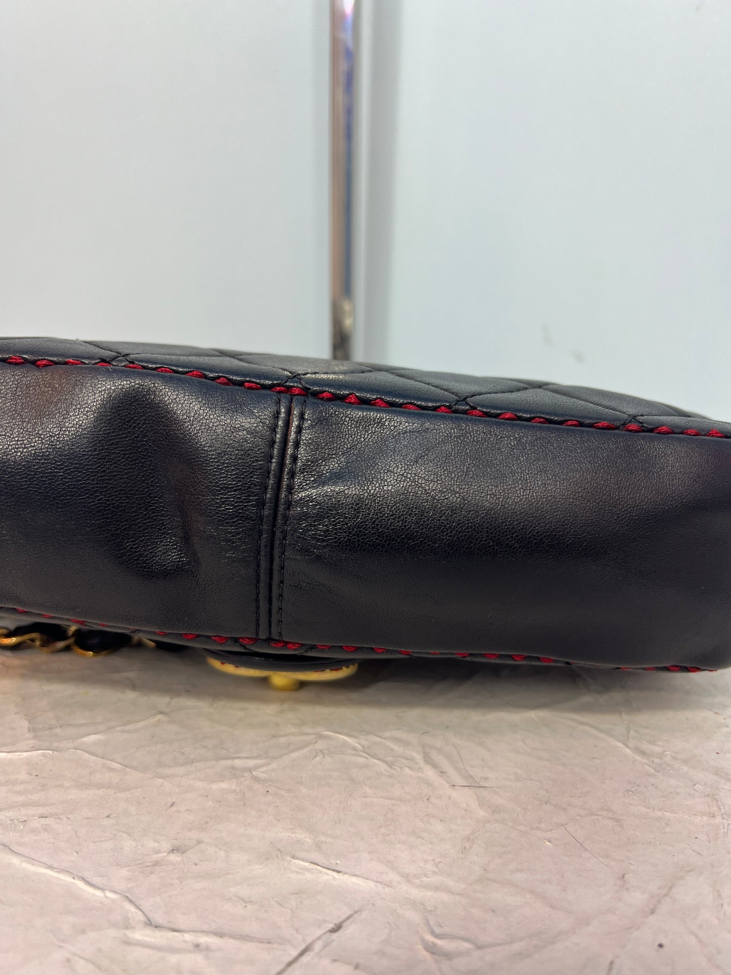 Chanel Black Lambskin Red Stitching Single Flap Double Chain Bag (2017)