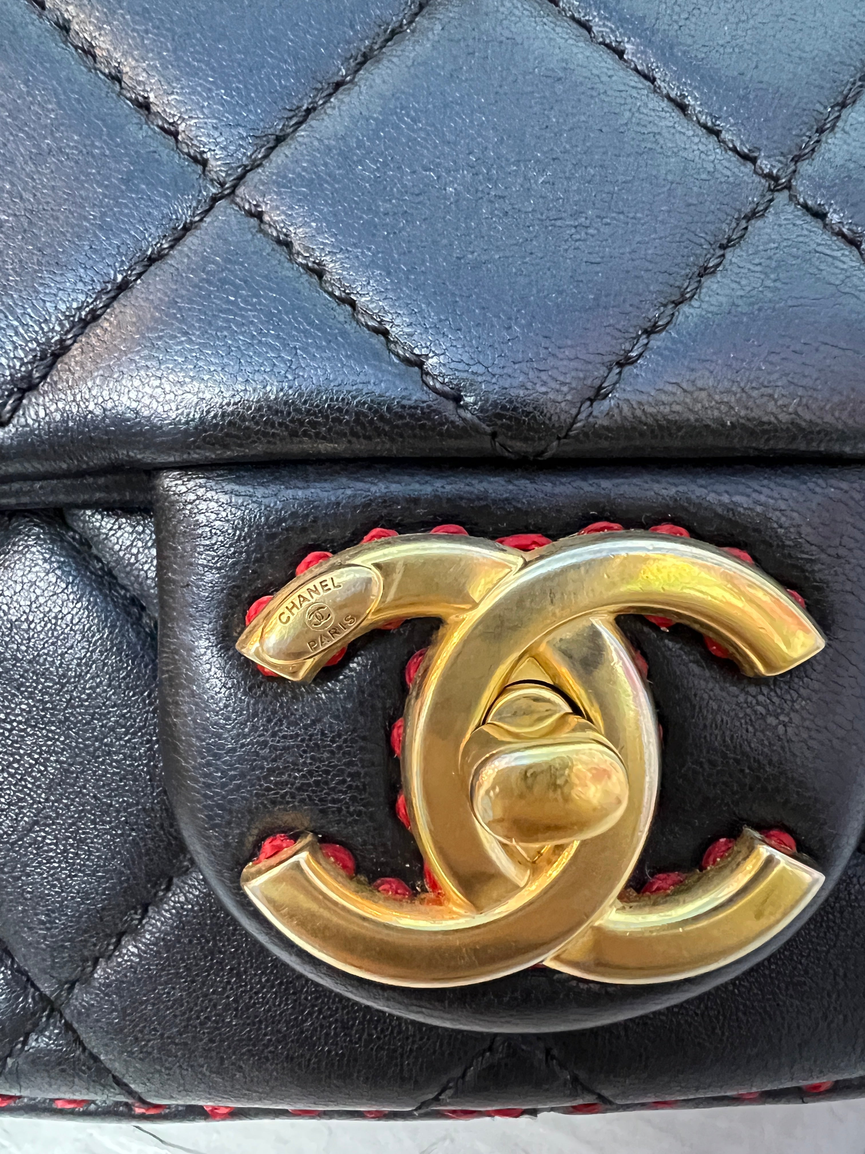 Chanel Black Lambskin Red Stitching Single Flap Double Chain Bag