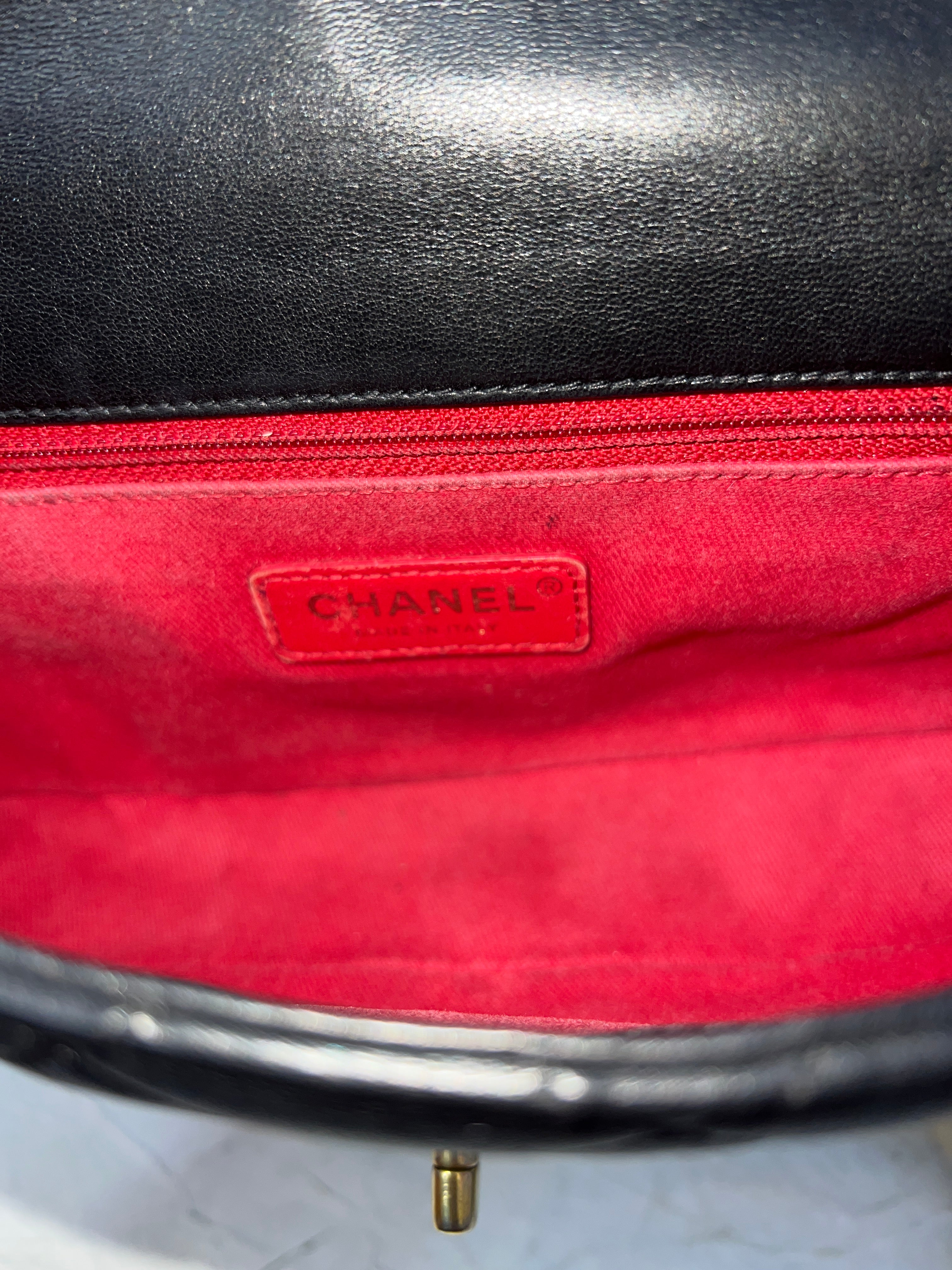 Chanel Black Lambskin Red Stitching Single Flap Double Chain Bag