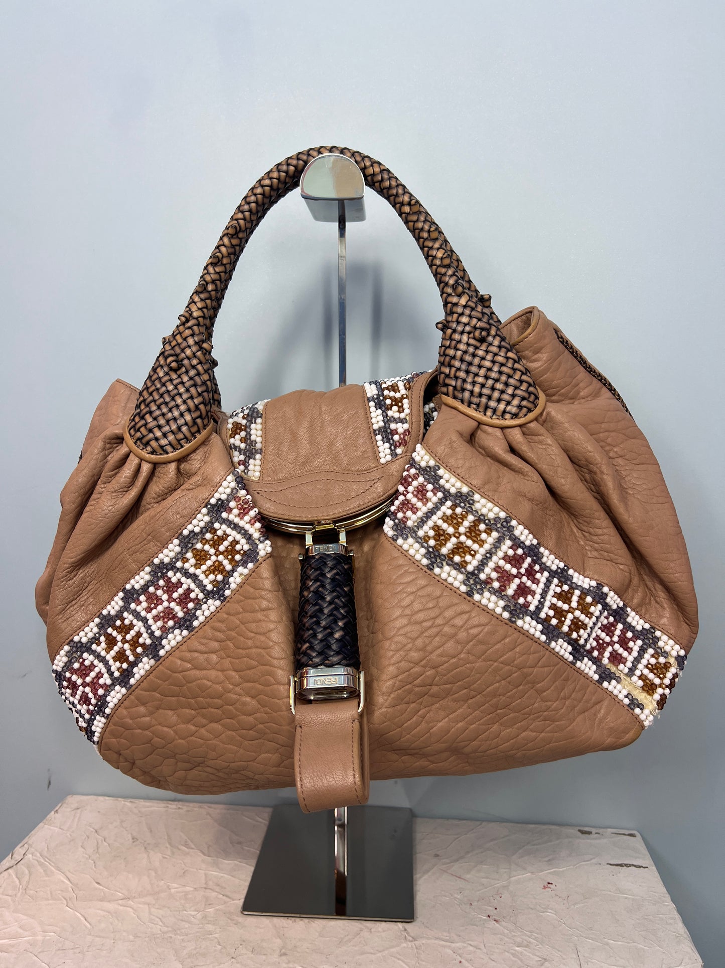 Fendi Brown Leather Beaded Spy Bag Hobo (2008 Collection)
