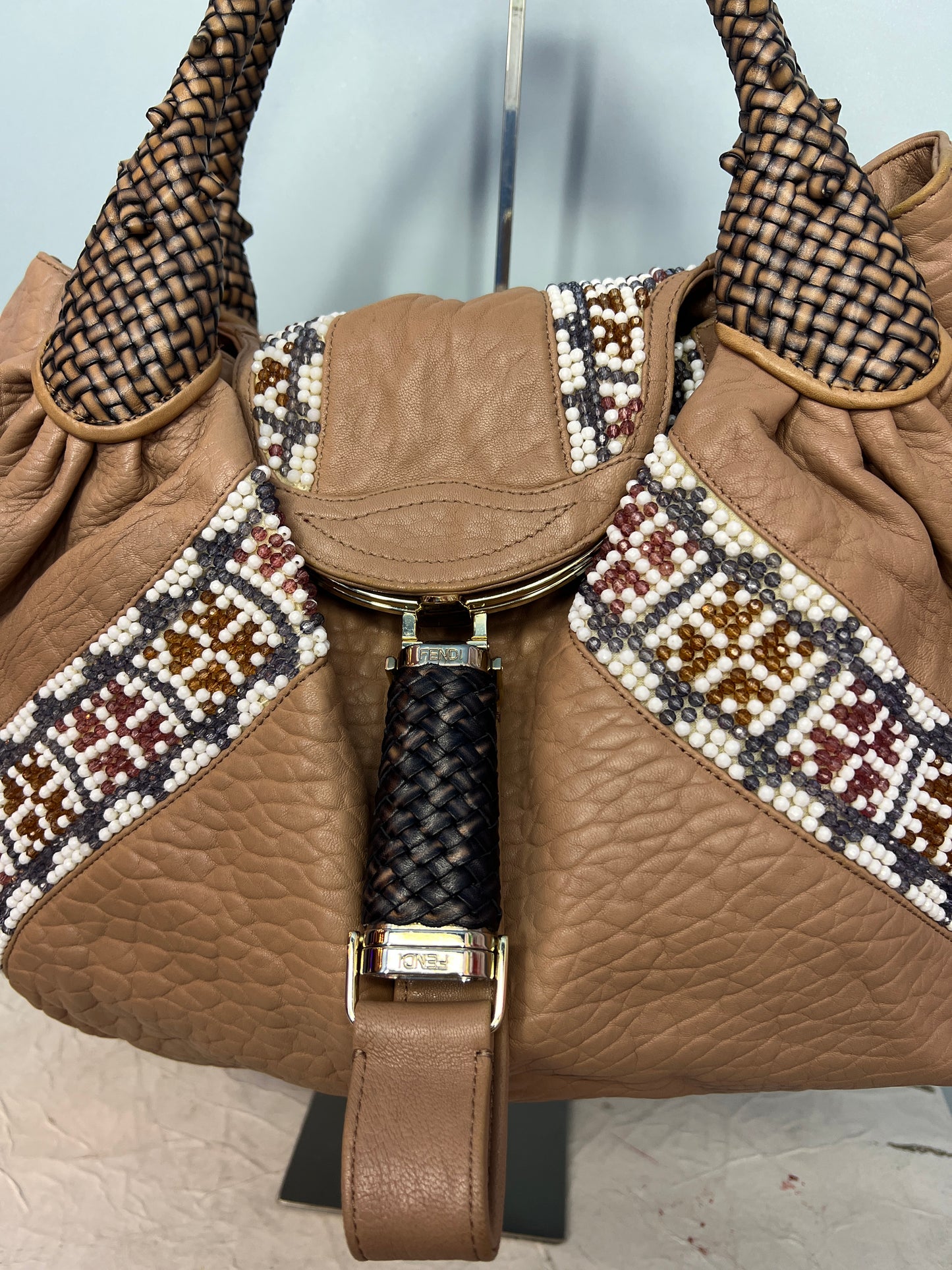 Fendi Brown Leather Beaded Spy Bag Hobo (2008 Collection)