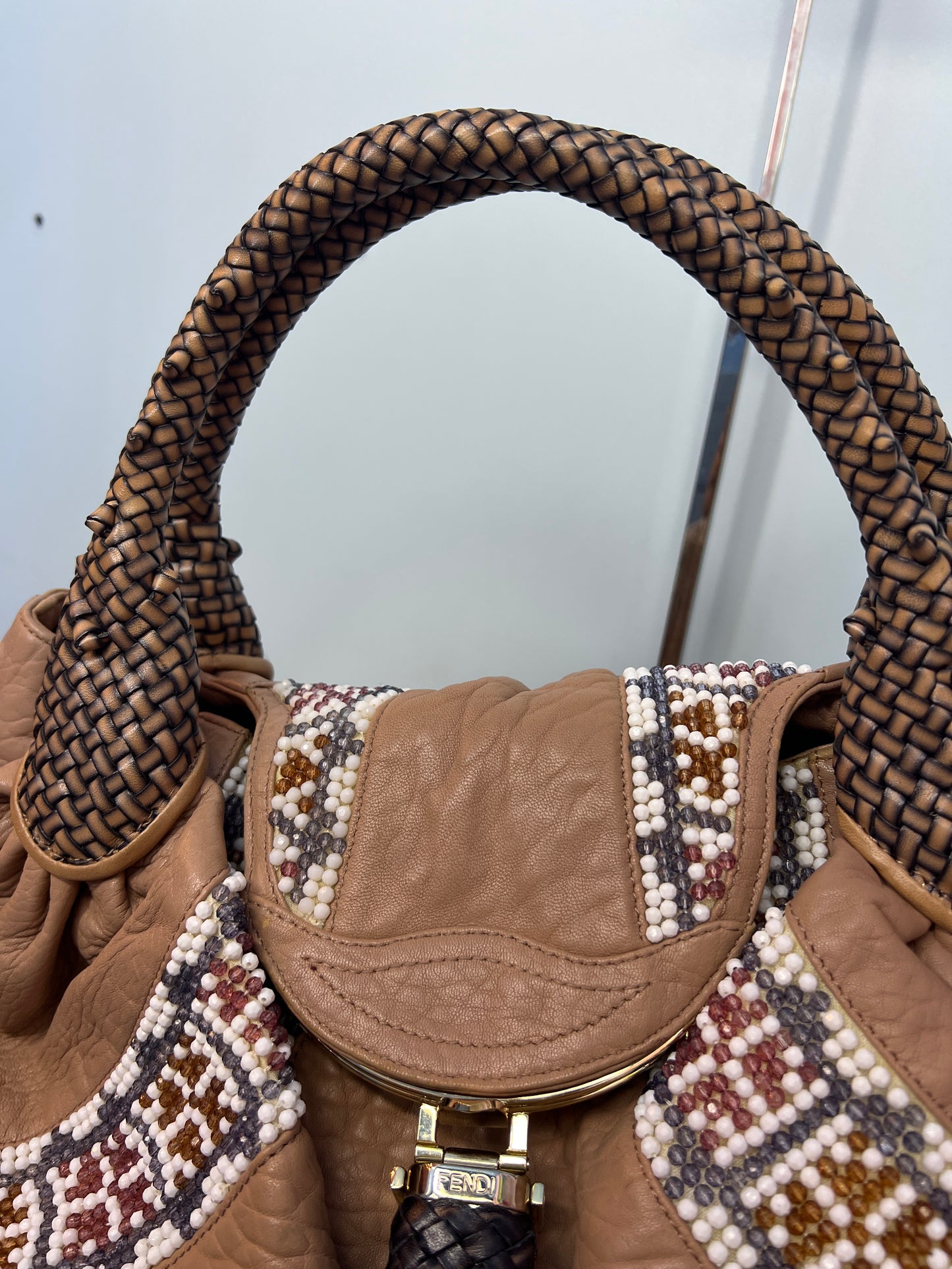 Fendi Brown Leather Beaded Spy Bag Hobo (2008 Collection)
