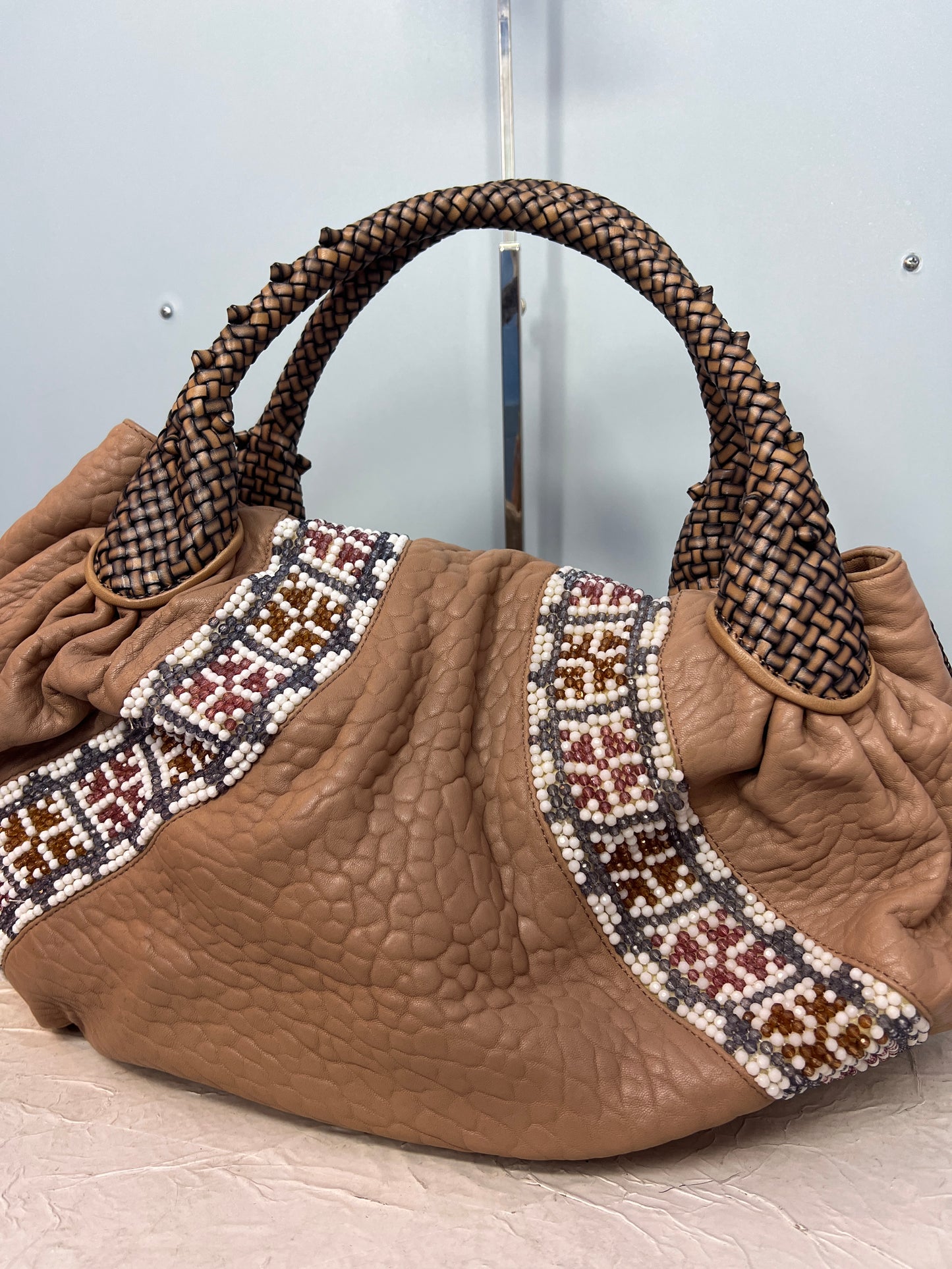 Fendi Brown Leather Beaded Spy Bag Hobo (2008 Collection)