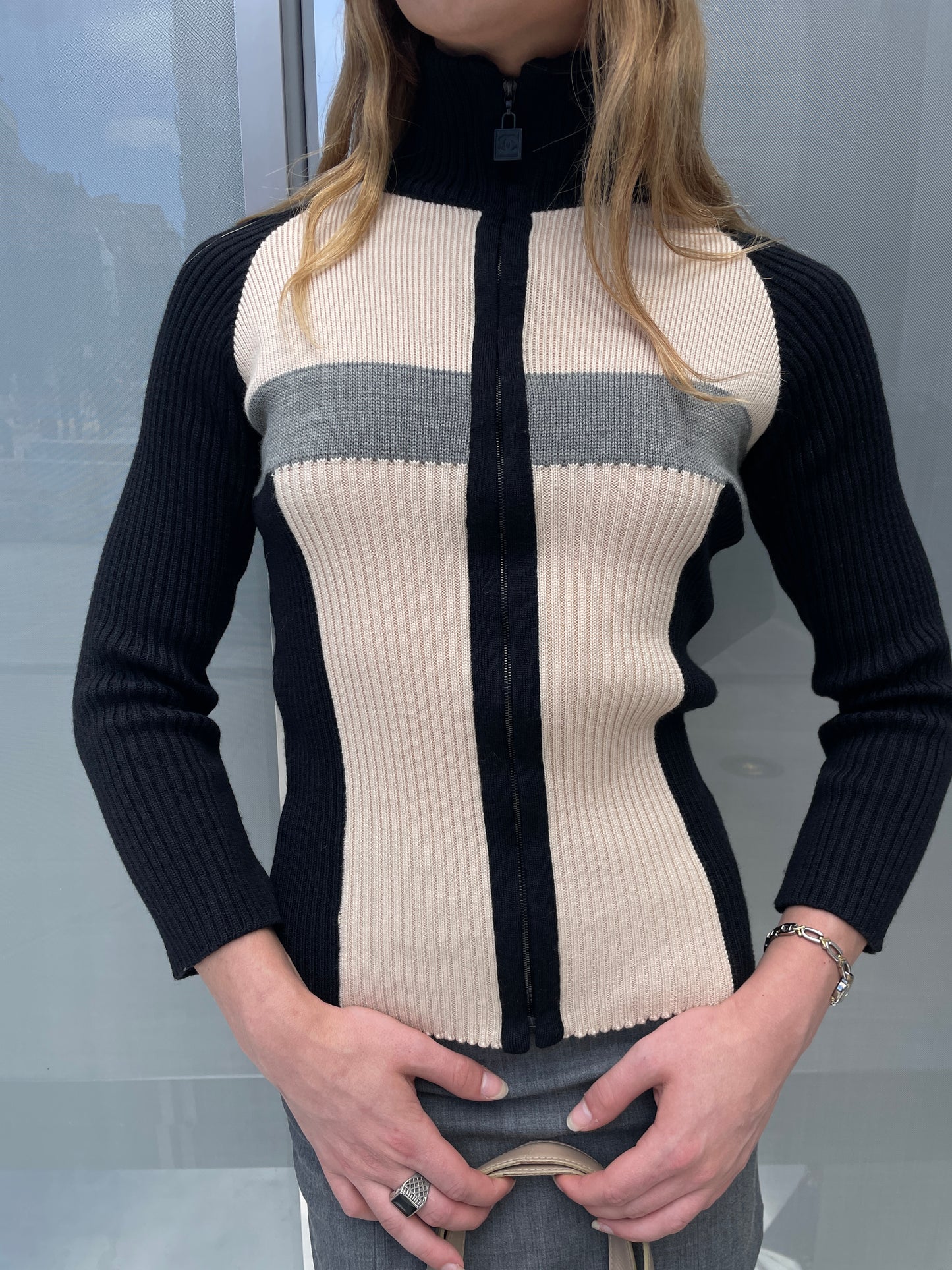 Chanel Fall 2003 Sport 100% Wool Logo Zip-Up Sweater
