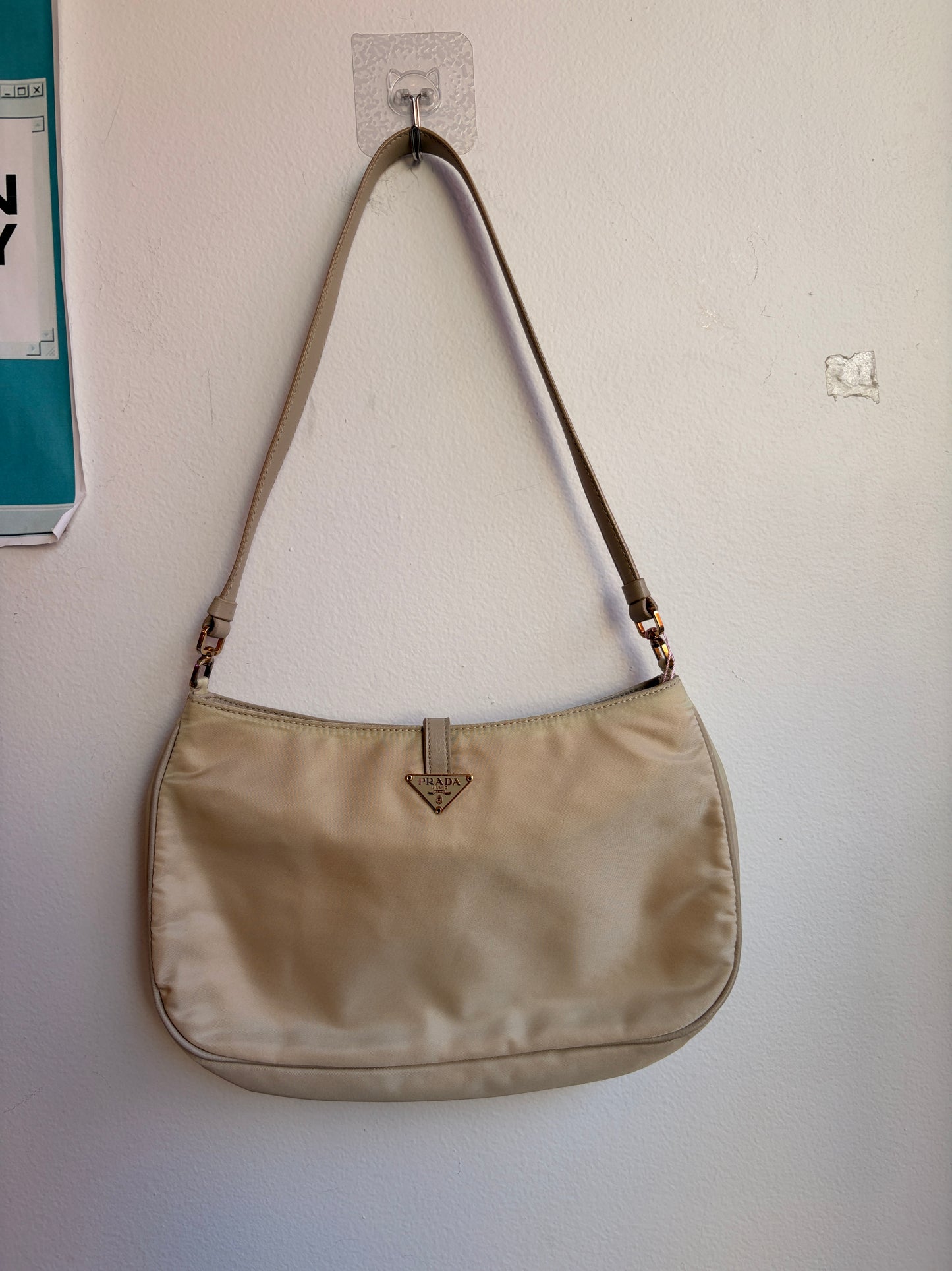 Prada Beige Nylon Shoulder Bag with Hardware Clasp Detail