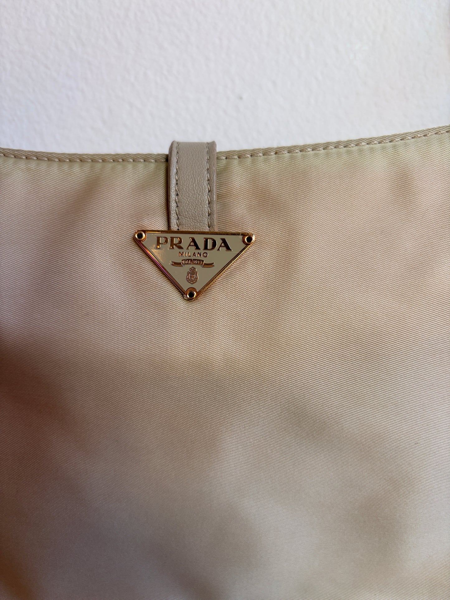 Prada Beige Nylon Shoulder Bag with Hardware Clasp Detail