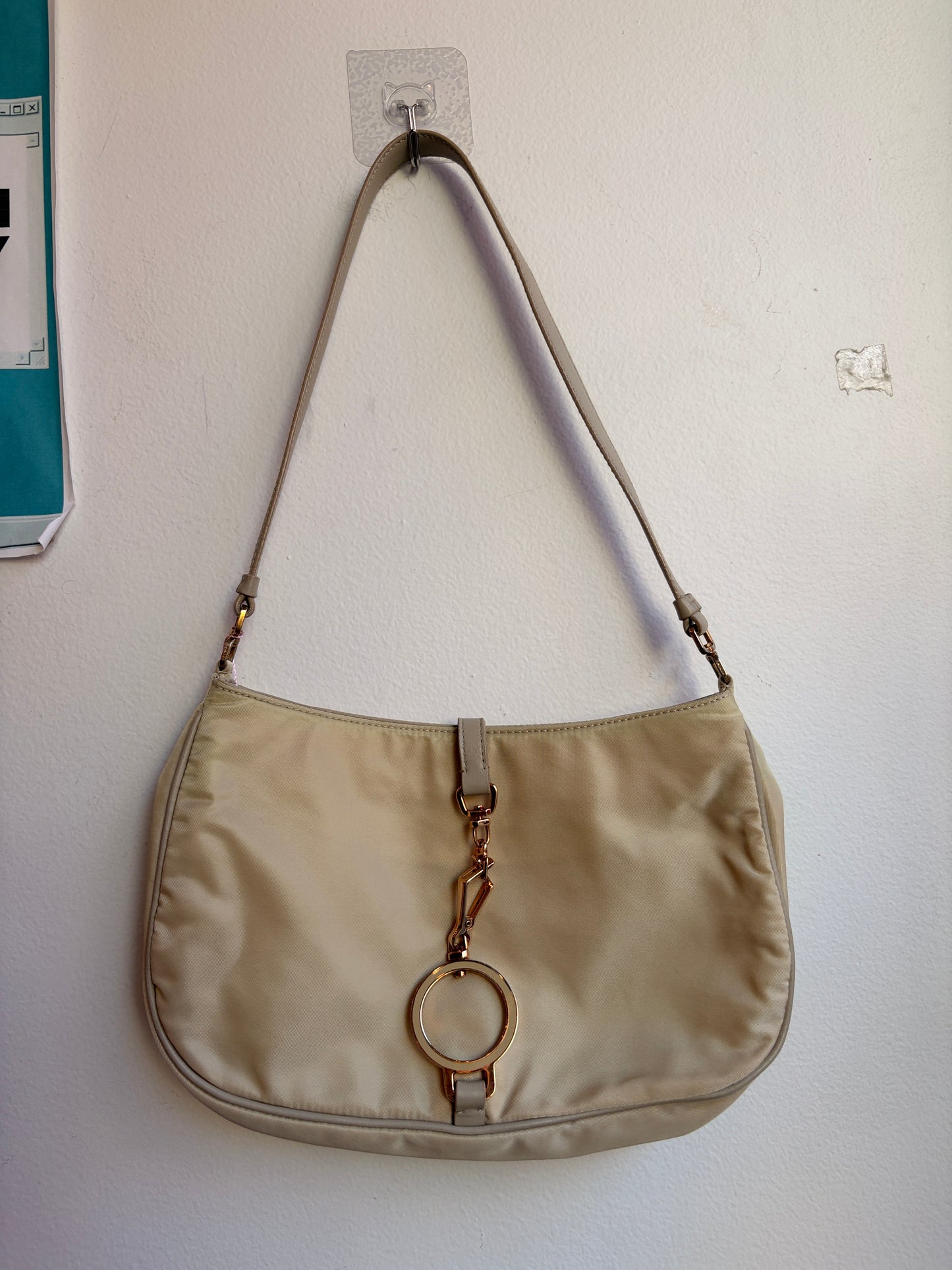 Prada Beige Nylon Shoulder Bag with Hardware Clasp Detail