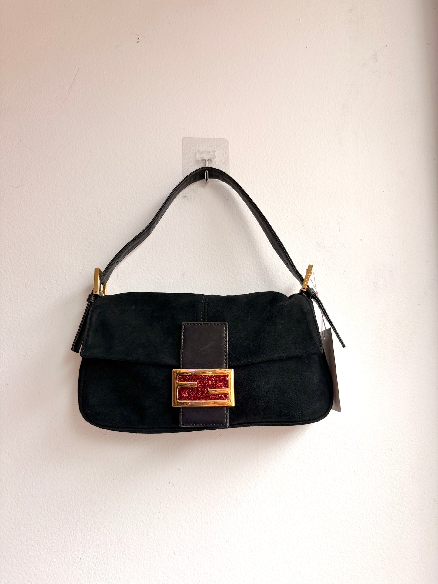 Fendi Baguette in Black Suede and Red Accents