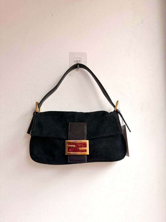 Fendi Baguette in Black Suede and Red Accents