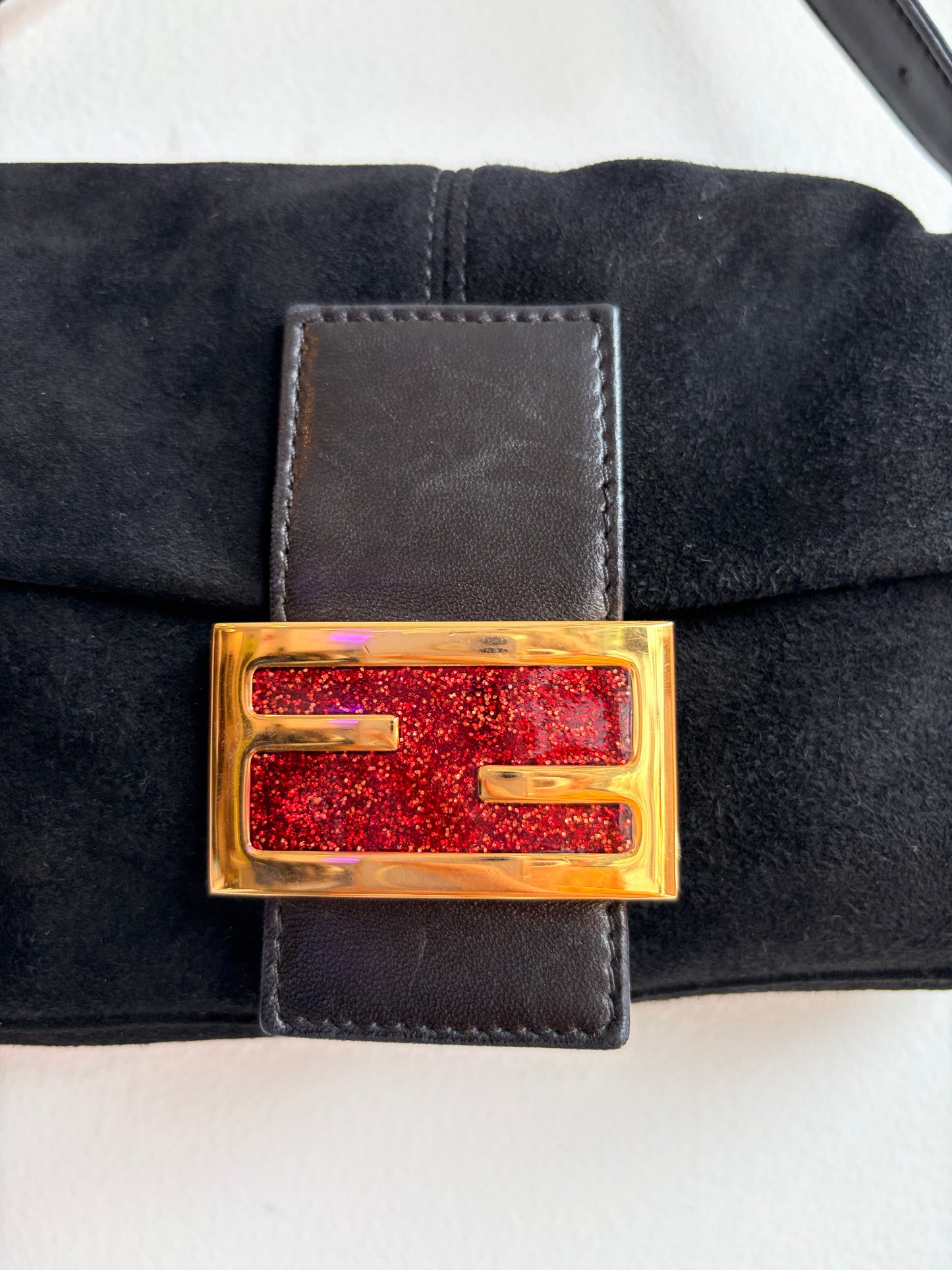 Fendi Baguette in Black Suede and Red Accents