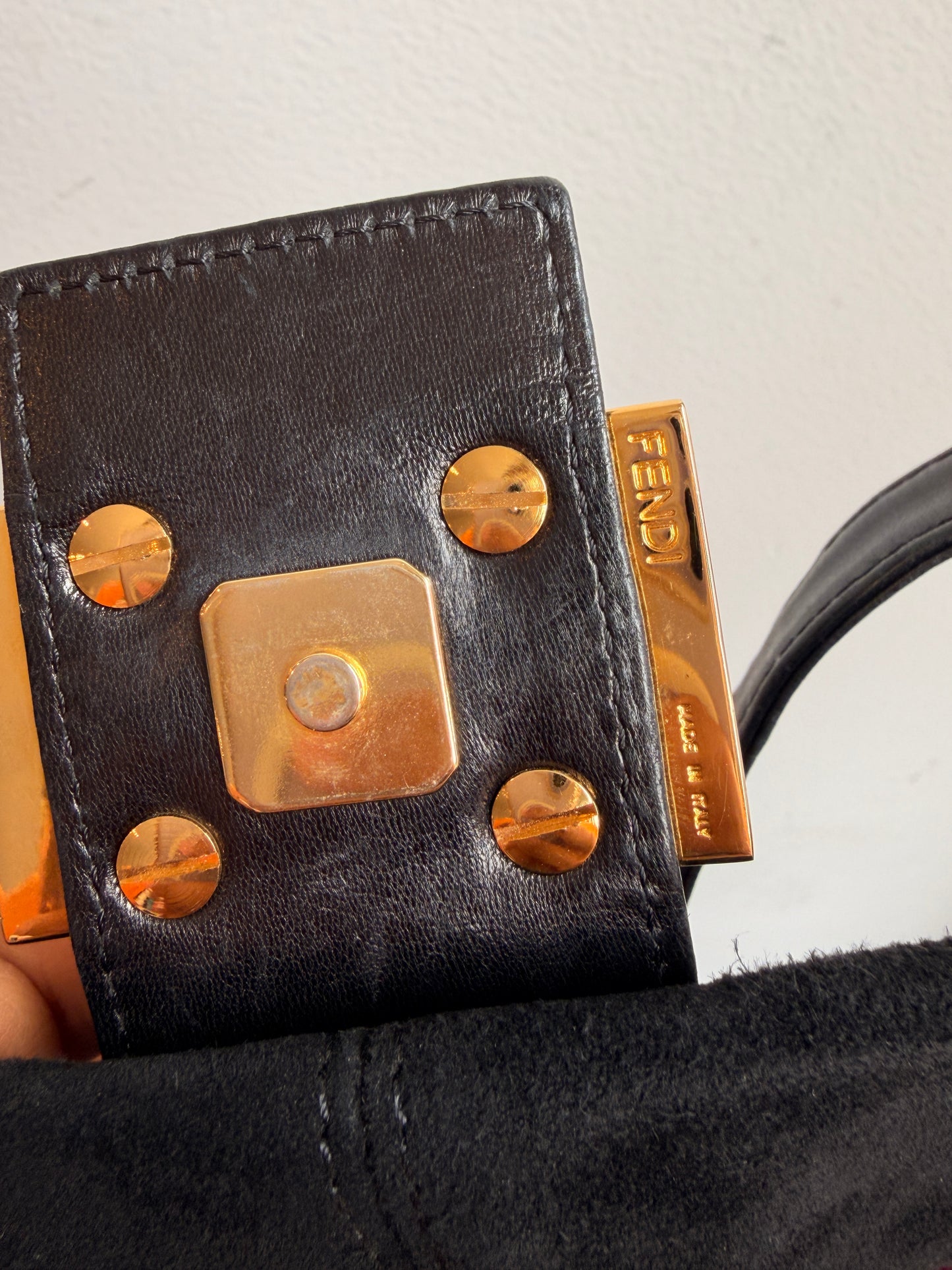 Fendi Baguette in Black Suede and Red Accents