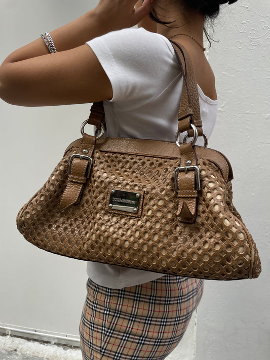 Dolce & Gabbana Y2K Brown Perforated Leather Shoulder Bag