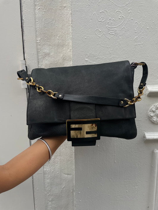 Fendi Y2K Shimmer Mamma Baguette XL Black Leather Shoulder Bag