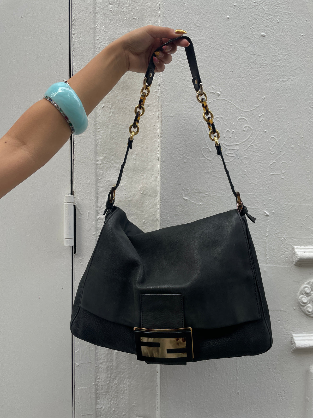 Fendi Y2K Shimmer Mamma Baguette XL Black Leather Shoulder Bag