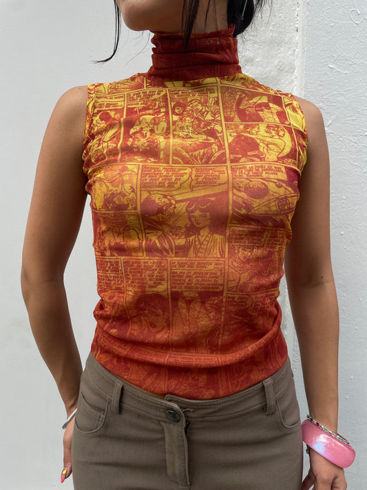 Jean Paul Gaultier Y2K Red & Yellow Comic Strip Print Mesh Sleeveless Turtleneck Top