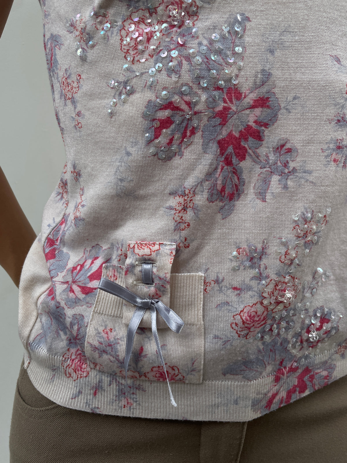 Christian Dior Y2K John Galliano Cream Floral Wool & Silk Ribbon Cami Top
