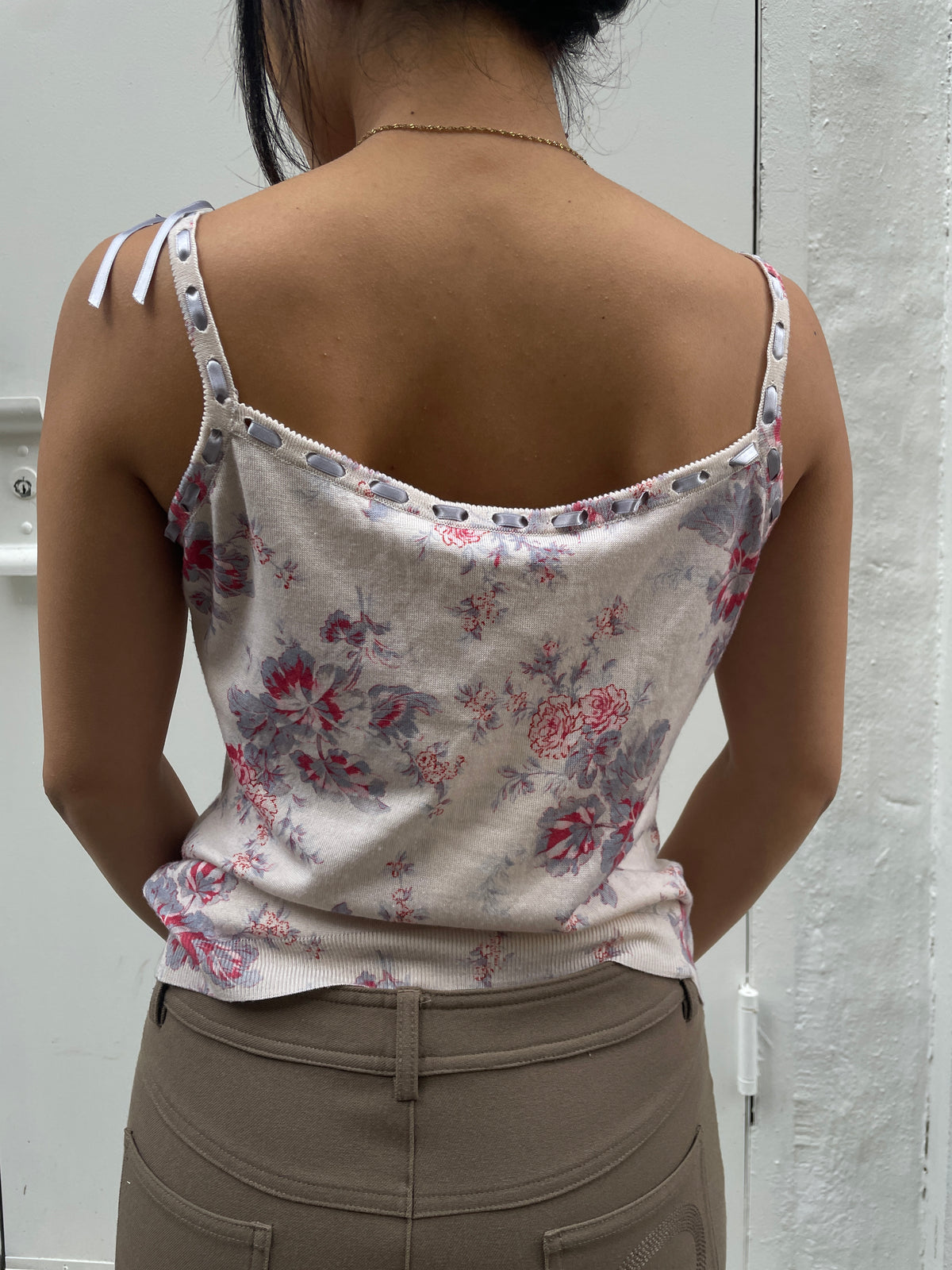 Christian Dior Y2K John Galliano Cream Floral Wool & Silk Ribbon Cami Top