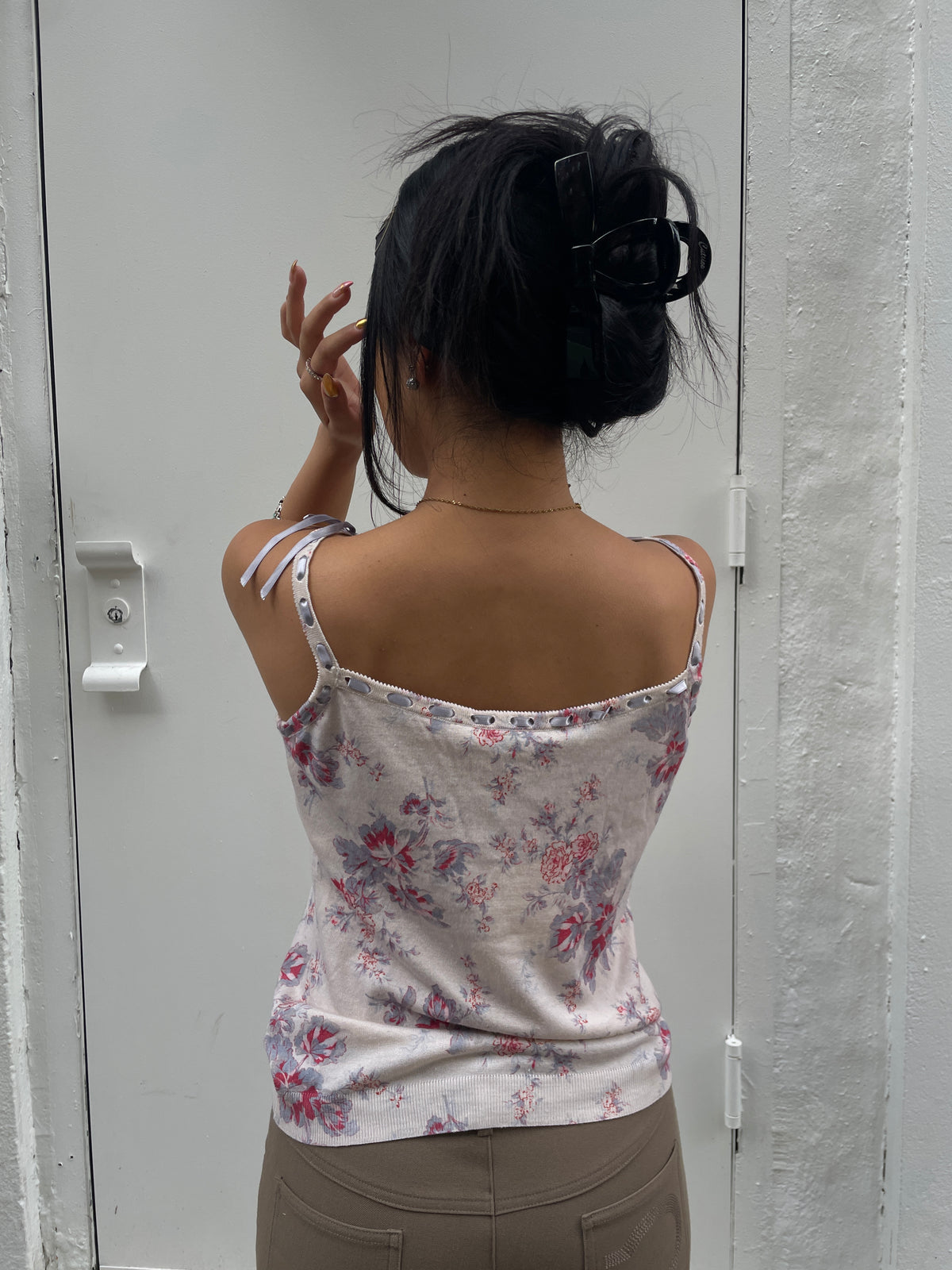 Christian Dior Y2K John Galliano Cream Floral Wool & Silk Ribbon Cami Top