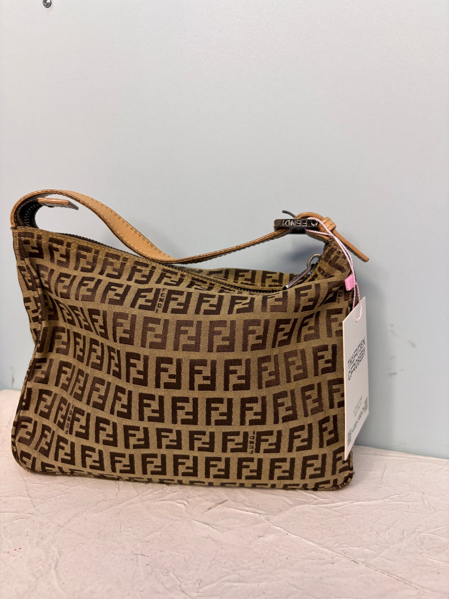 Fendi Zucchino Handle Bag with Tan Leather Handle