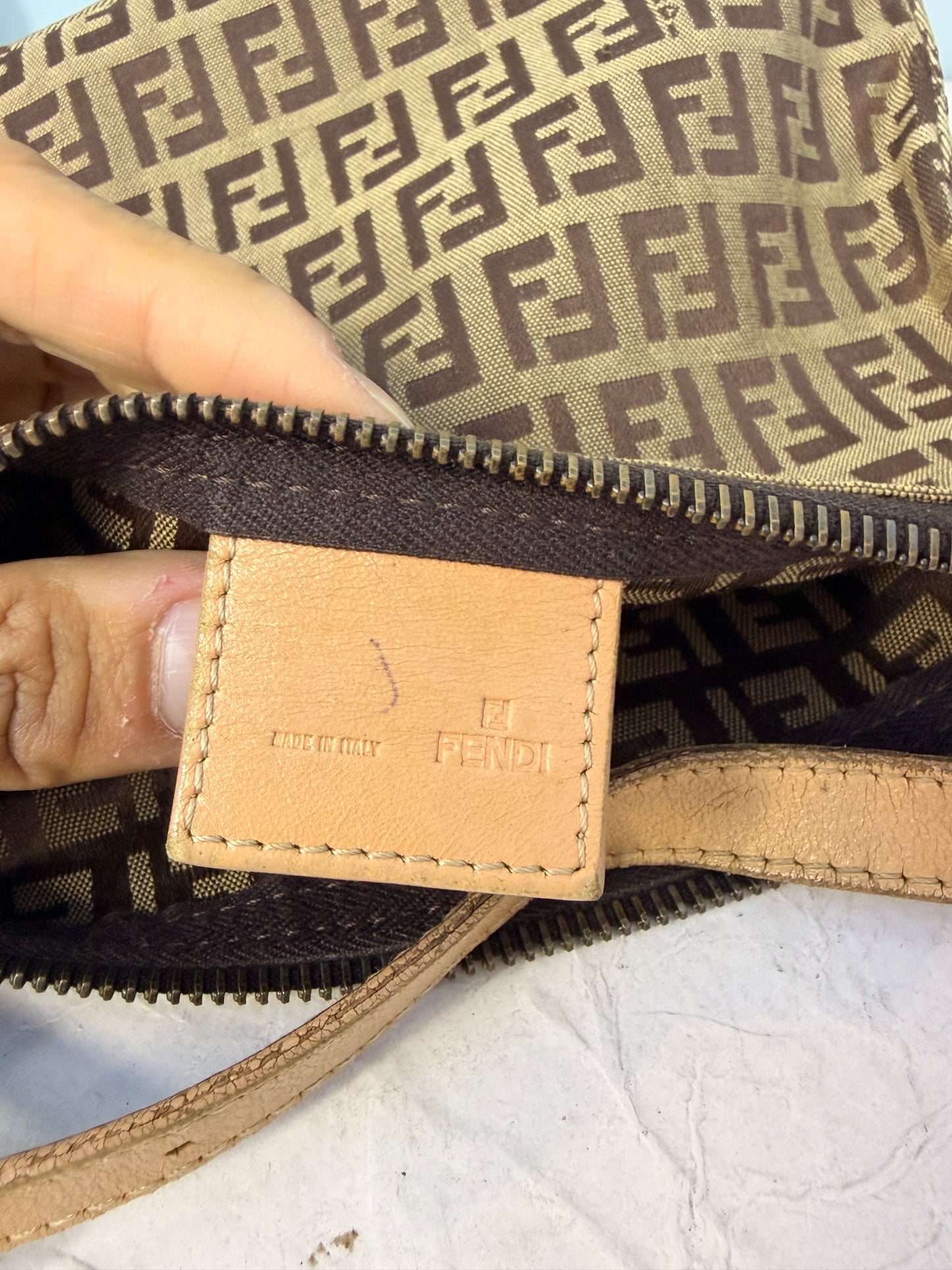 Fendi Zucchino Handle Bag with Tan Leather Handle