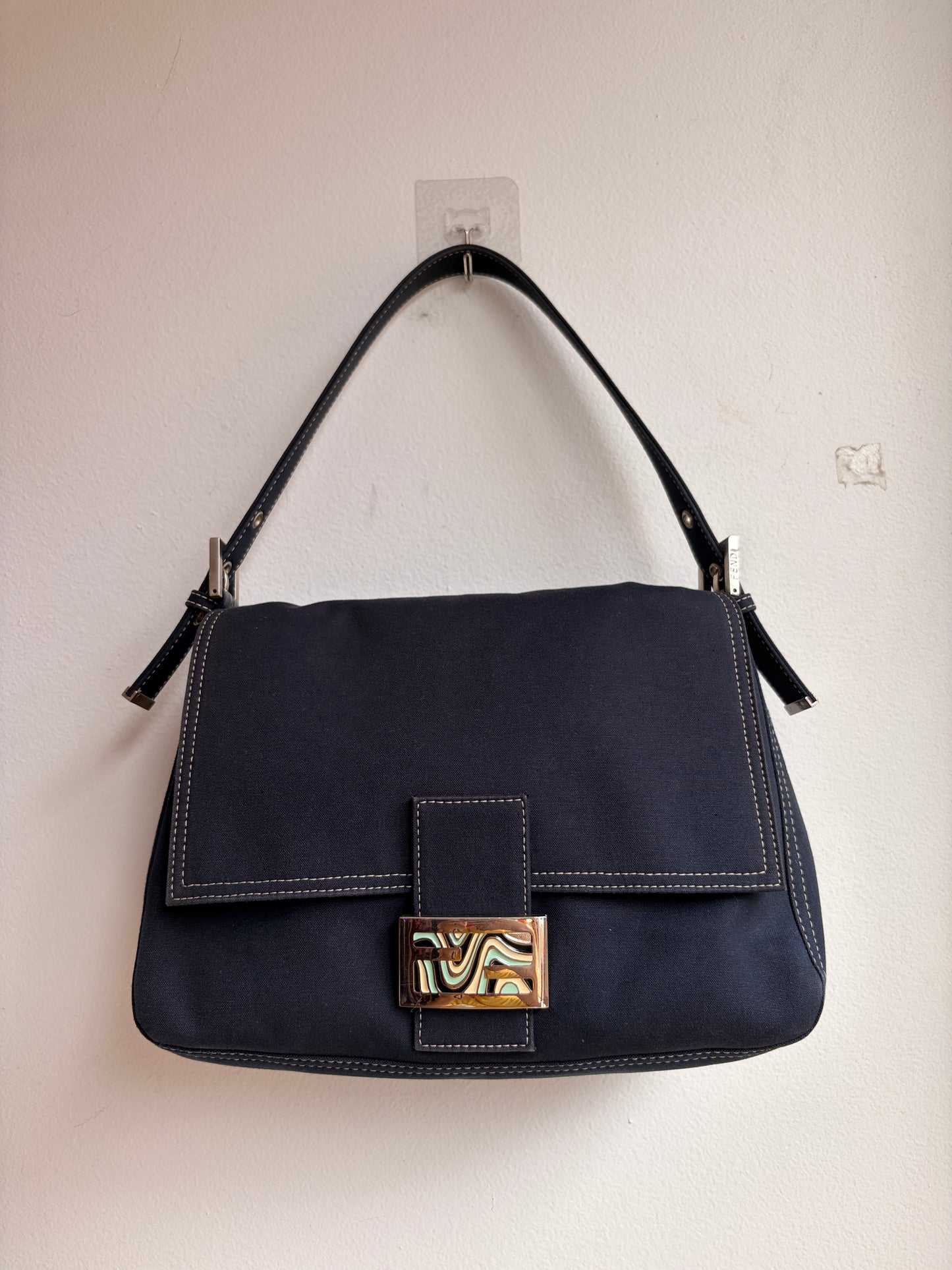 Fendi Denim Mamma Baguette in Navy with Marble FF Clasp
