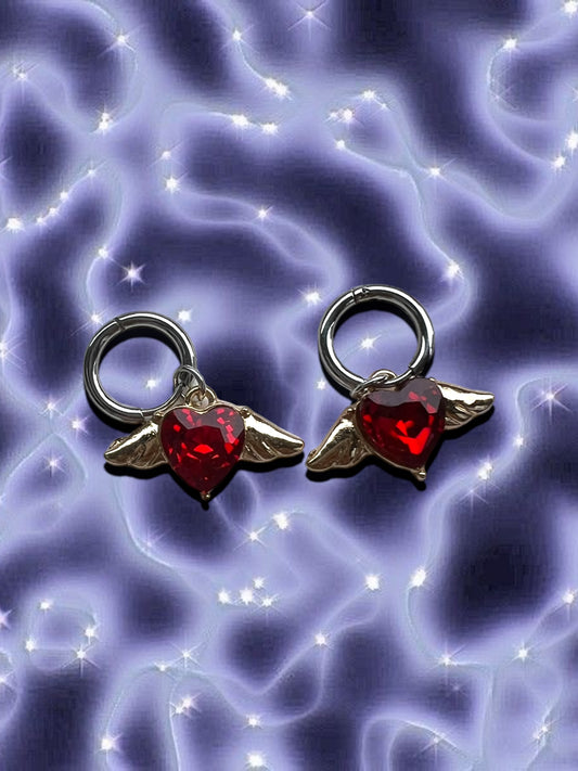 Red Heart Jewel with Wings Earrings