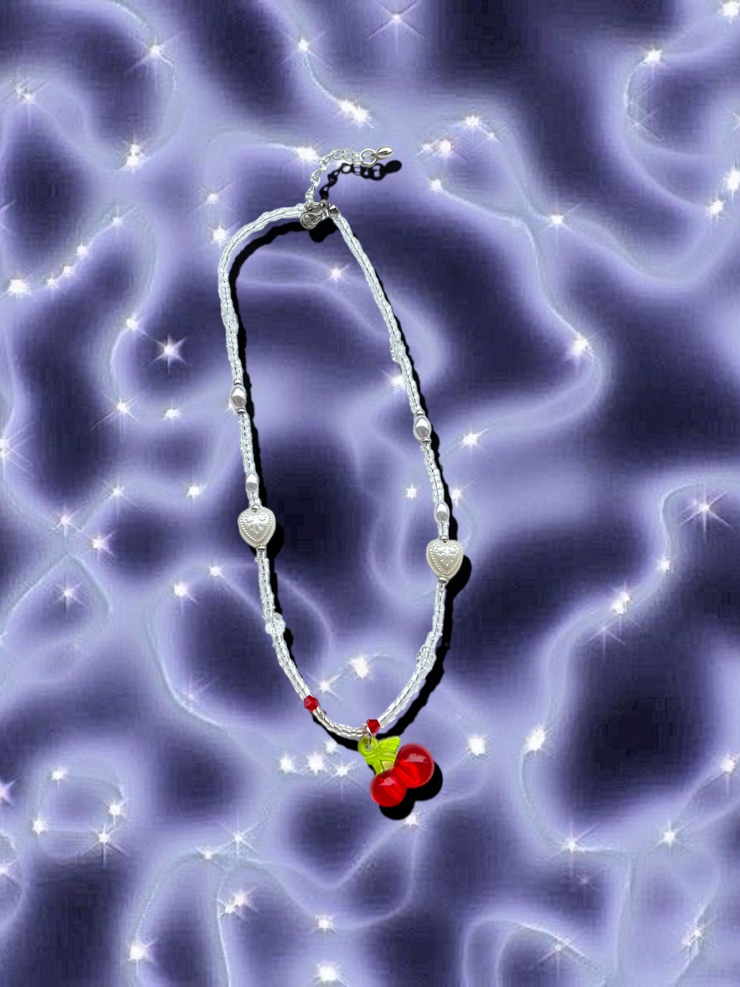 Cherry Pearl Necklace with Hearts