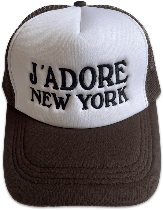 J'adore Dior inspired Trucker Hat "J'adore New York" brown trucker hat with white panel. "J'adore New York" is embroidered in black across white panel.